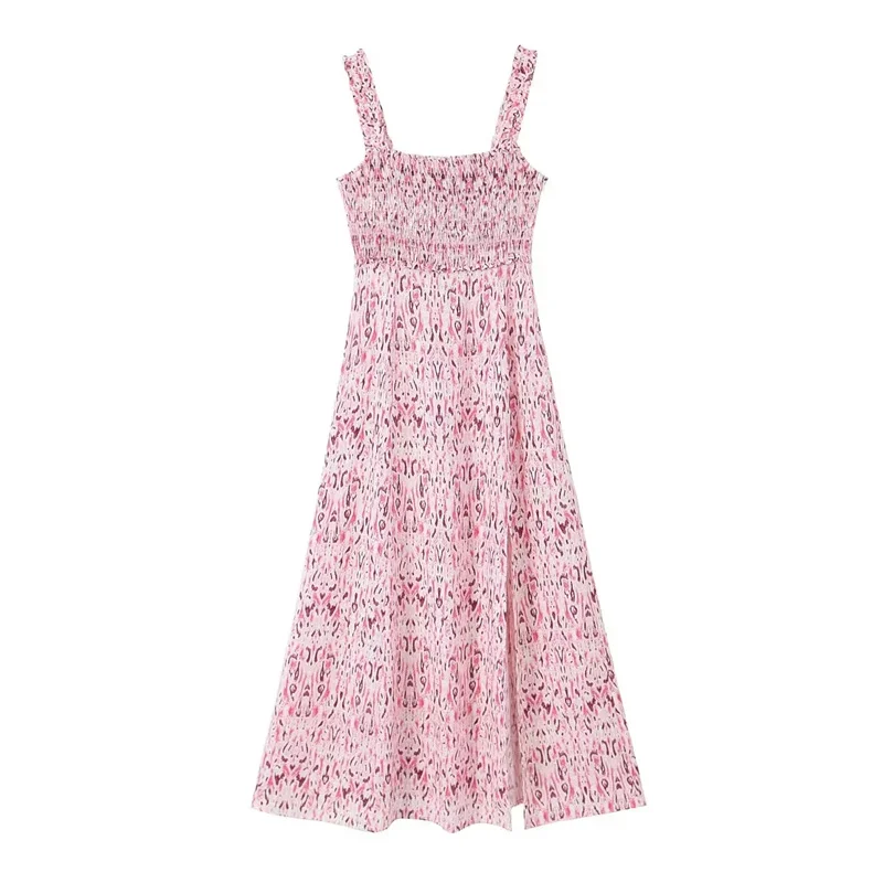

TRAF Women Printed Midi Dress Straight Neckline Wide Straps Front Slit At Hem Vestidos Mujer Vintage Chic Waistband Dress