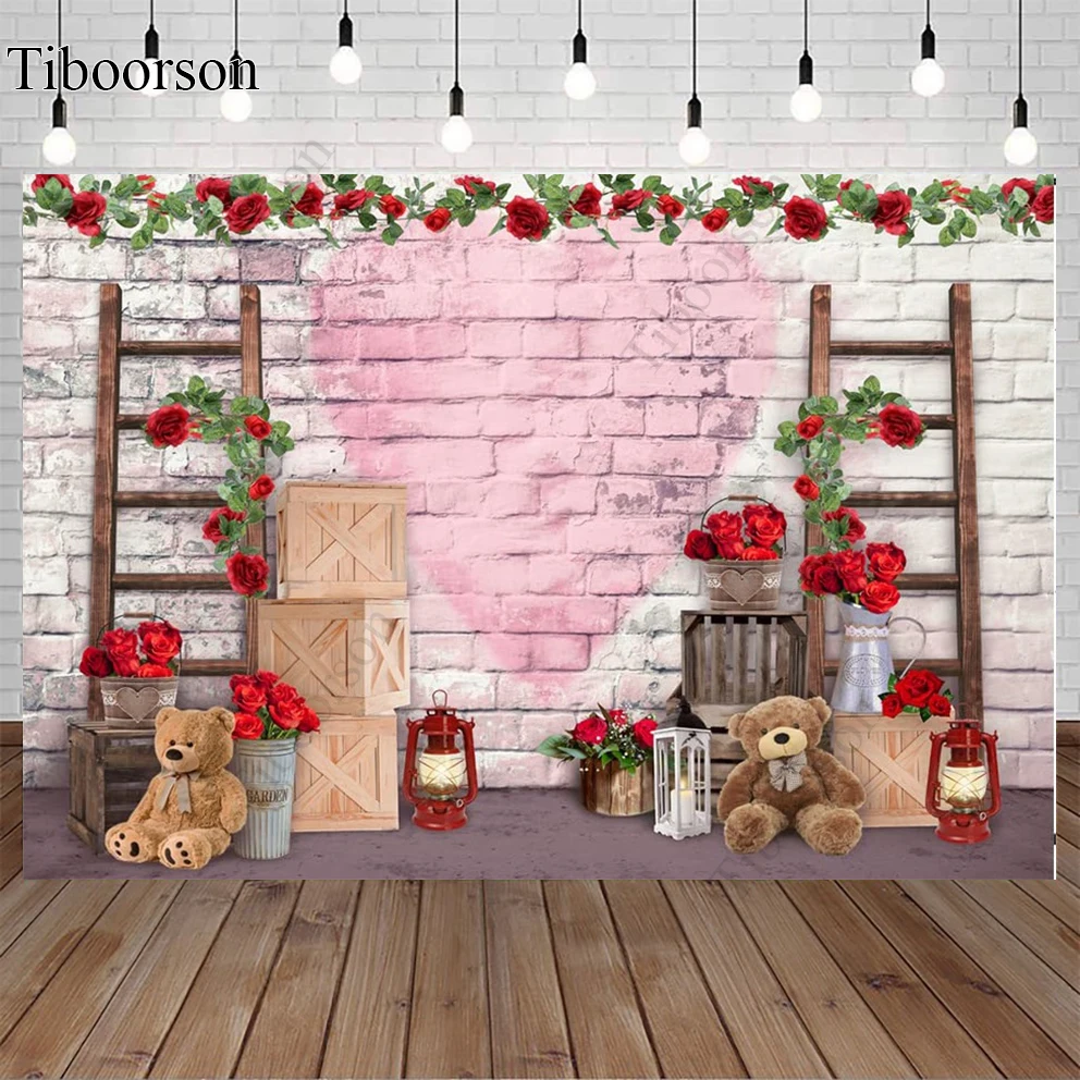 

Valentine’s Day Backdrop Mother’s Day Brick Walls Red Rose Pink Heart Photography Background Wedding Decor Photo Studio Props