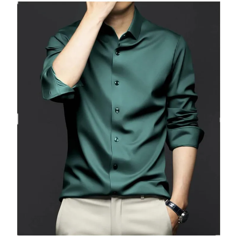 

Роскошная мужская рубашка с длинным рукавом Новинка весна-лето 2023 деловой топ из ледяного шелка устойчивая к морщинам не требует глажки однотонная мужская одежда