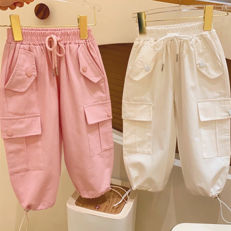 

Spring Girls' Trousers with Large Pockets Loose Wide Back Version Casual All-match Workwear Pants Fashion Children's Clothing