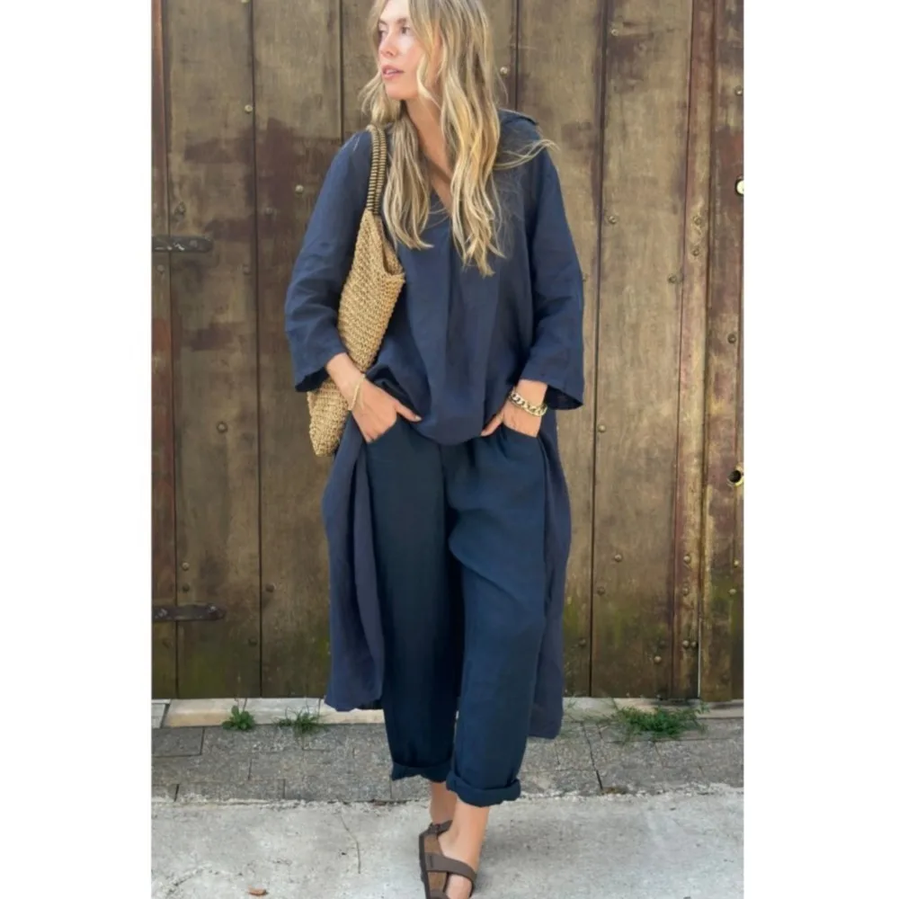 Новые летние модные хлопковые льняные брюки женский комплект из 2 предметов