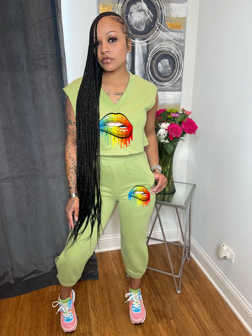 

Summer 2 Piece Set Women Fashion Sleeveless Print Tshirt Cropped Pants Sports Suit Casual Two Piece Set Women