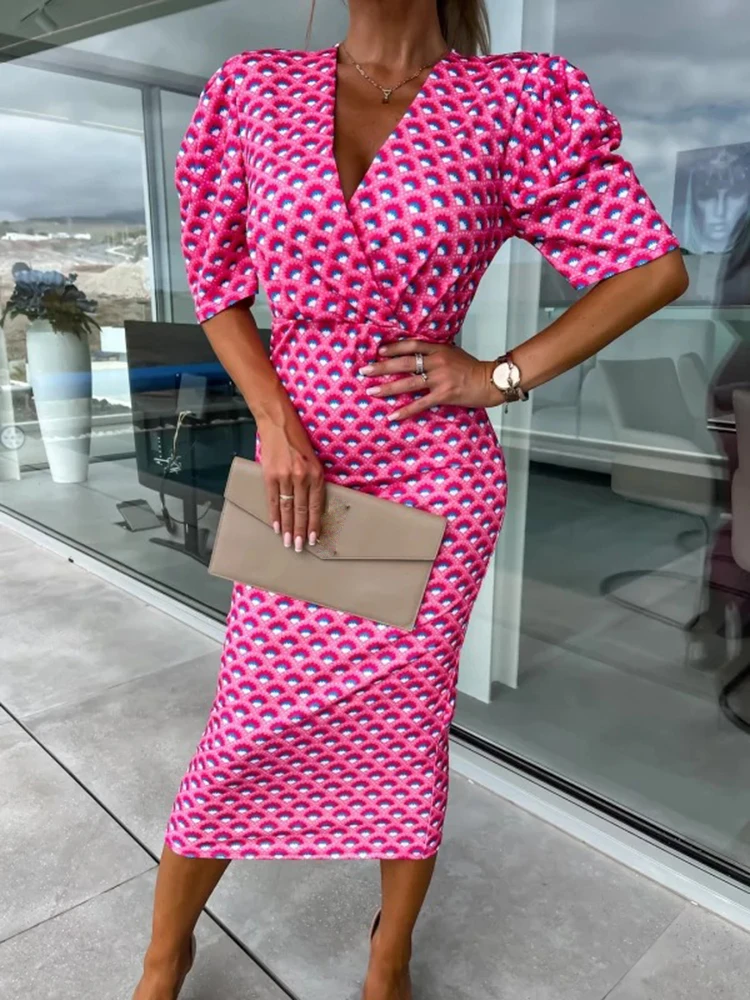 

2023 New Summer Elegant Office Lady Midi Dress Fashion Puff Sleeve V-neck Print Slim Pencil Dress Casual Package Hip Long Dress