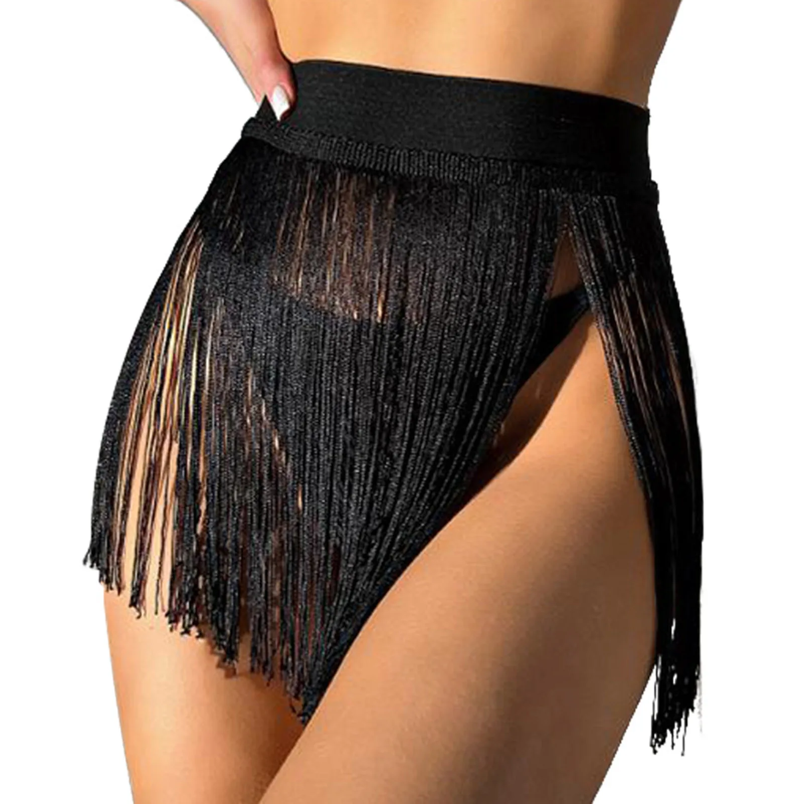 

Womens Sexy High Waist Tassel Skirt Elastic Waistband Fringed Mini Skirts Tango Dancewear Vacation Bikini Swimming Swimsuit