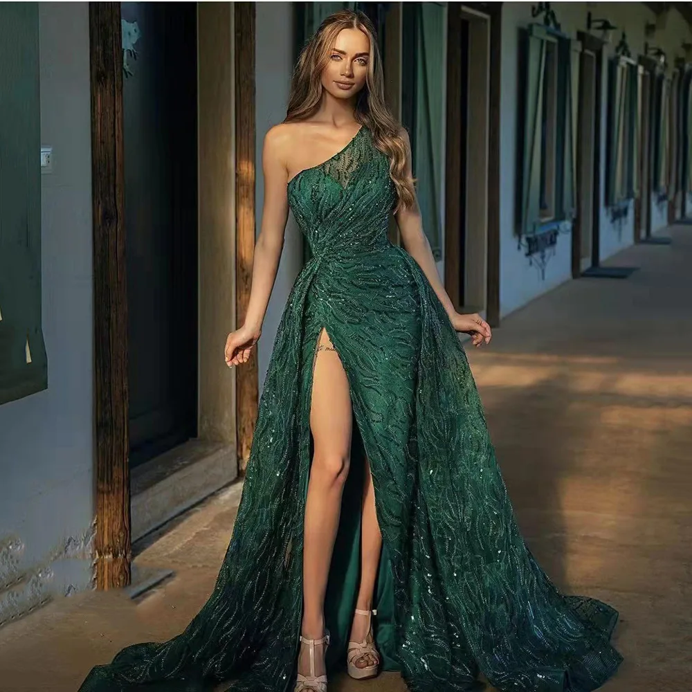 2022 New European and American Women's Dress Oblique Shoulder Slit Long Dress Toasting Dress Sequined Halter Evening Dress