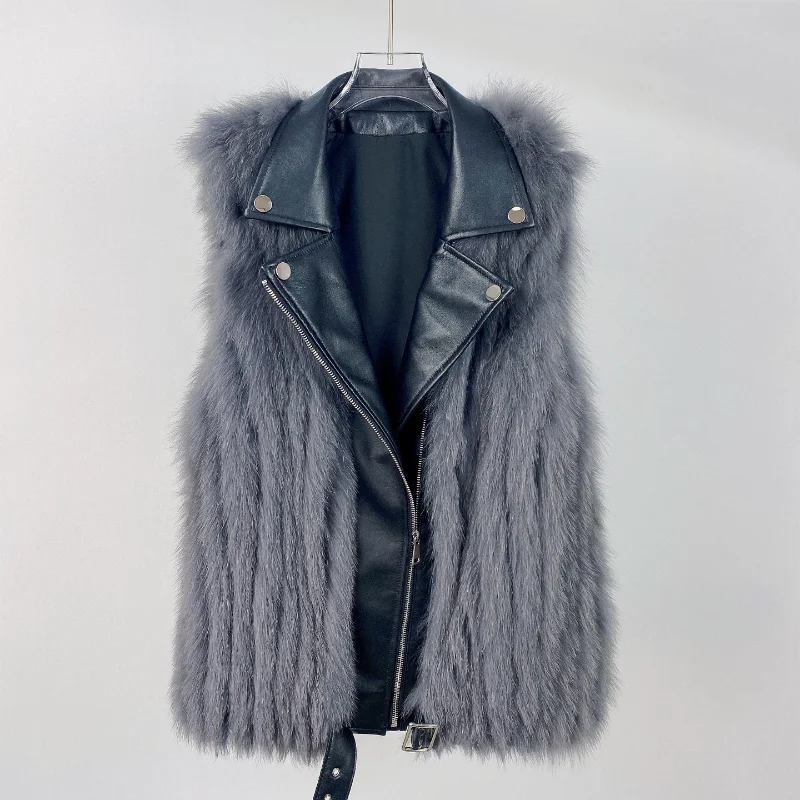 

genuine leather vest sheepskin jacket real fox fur gilet women sleeveless black grey coats dames jassen winter
