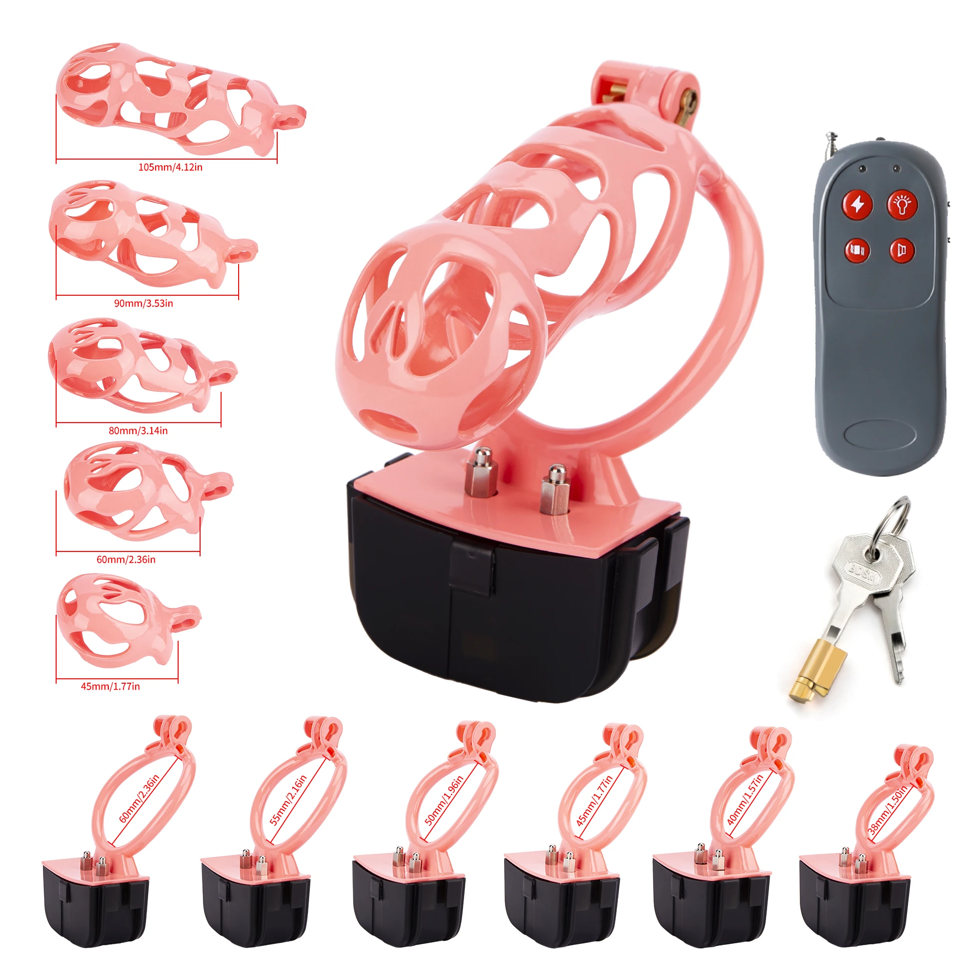 

Pink Electric Shock Ghost Sissy Male Chastity Cage Electro Stimulation Cock Cage Lock Curved Penis Ring BDSM Sex Toys For Men