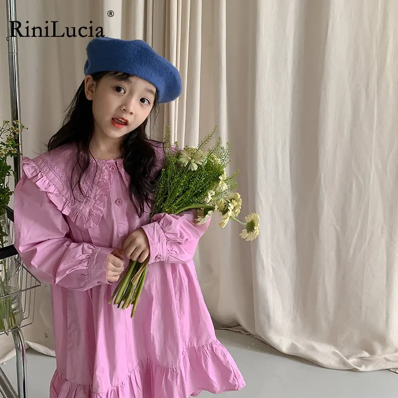 

RiniLucia Girls Cotton Dress Autumn Kid Clothes Ruffle Princess Peter Pan Collar Solid Dress Long Sleeve Girls Casual Dresses
