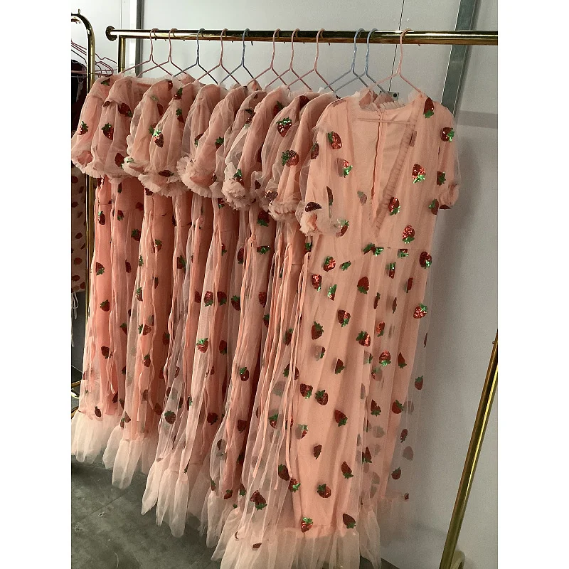 Plus Size Sexy V-neck Pink Dress Women Elegant Long Sleeve Strawberry Sequin Sweet Mesh Dress 2021 Summer Ruff 3xl 4xl 5xl 6xl