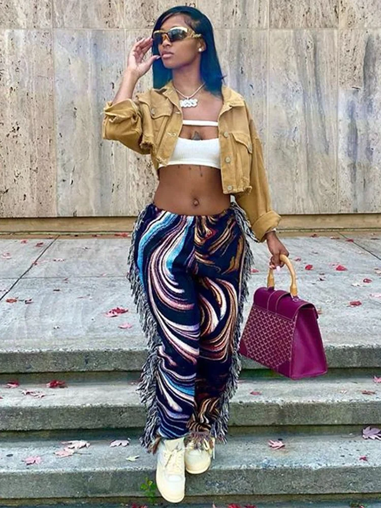 Folk Style High Waisted Jogger Sweatpant for Female Aesthetic Print Side Tassels Fringe Trouser Casual Workout Running Long Pant