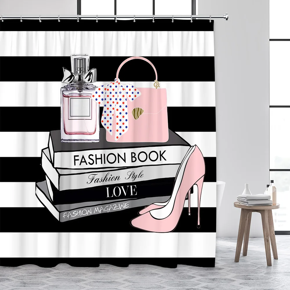 

Shower Curtain Pink Perfume High Heel Cosmetic Shower Curtain Black White Stripes Fashion Girl Woman Bathroom Decor Curtain Hook