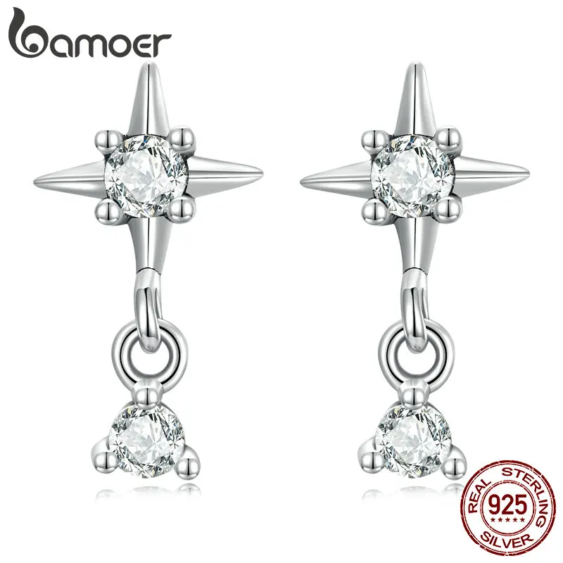 

Bamoer Authentic 925 Sterling Silver Starburst Earrings for Women Fine Jewelry Shiny Zirconium Drop Earrings Bridal Gift SCE1479