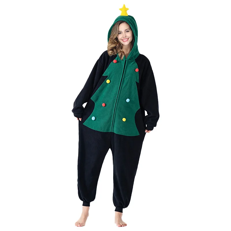 

New Couple Cartoon Long-sleeved Cosplay Christmas Tree Polyester One-piece Pajamas Hooded Jumpsuit Loose Nightgown