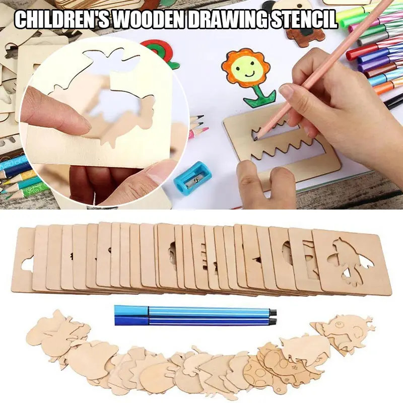 

1 Set Children Wooden Drawing Stencil Templates Christmas Gift Montessori Kids Drawing Board Toys DIY Painting Template