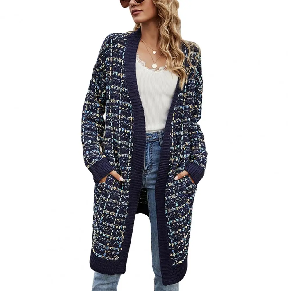 

Вязаное пальто, вязаный кардиган с боковыми карманами на осень и зиму, разноцветный вязаный свитер средней длины, пальто