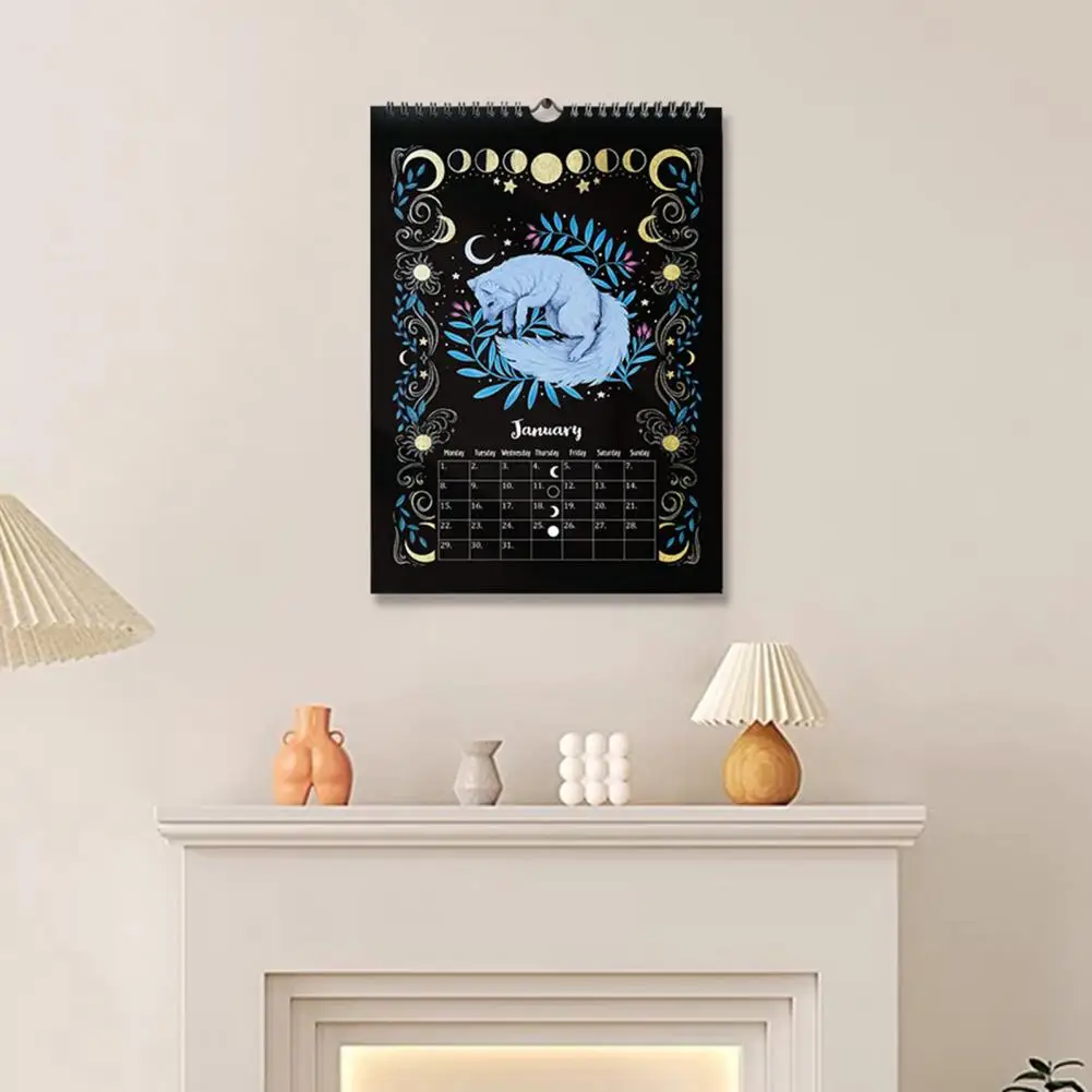 

Некрутящийся настенный календарь 2024, настенный календарь с темным лесом, растительная луна, двухпроводная переплетная бумага с толстым покрытием для помещений и дома