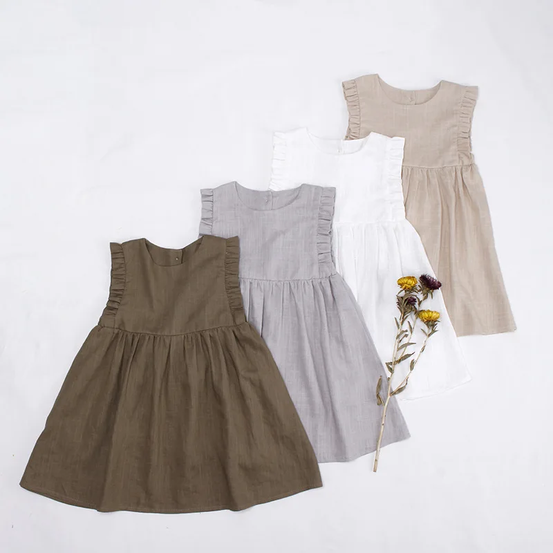 New Girl Children Pastoral Dress Clothes Clothing for Baby Kids Sleeveless Summer Lovely Solid Color Cotton and Linen Sundress