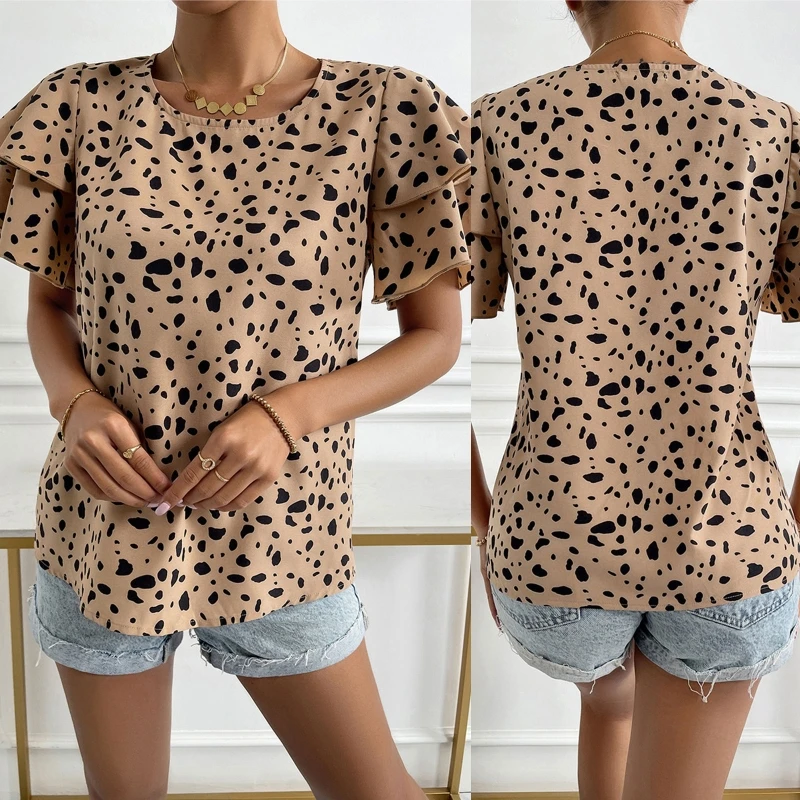 

Women Summer Short Tiered Ruffles Bell Sleeve Shirts Crewneck Casual Loose Pullover Tops Irregular Dots Printed Blouse