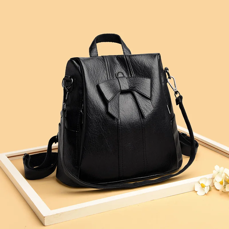 

Женская сумка из овечьей кожи с защитой от кражи, стильный многофункциональный рюкзак с бантом, 2022, простая кориацетатная сумка на одно плеч...