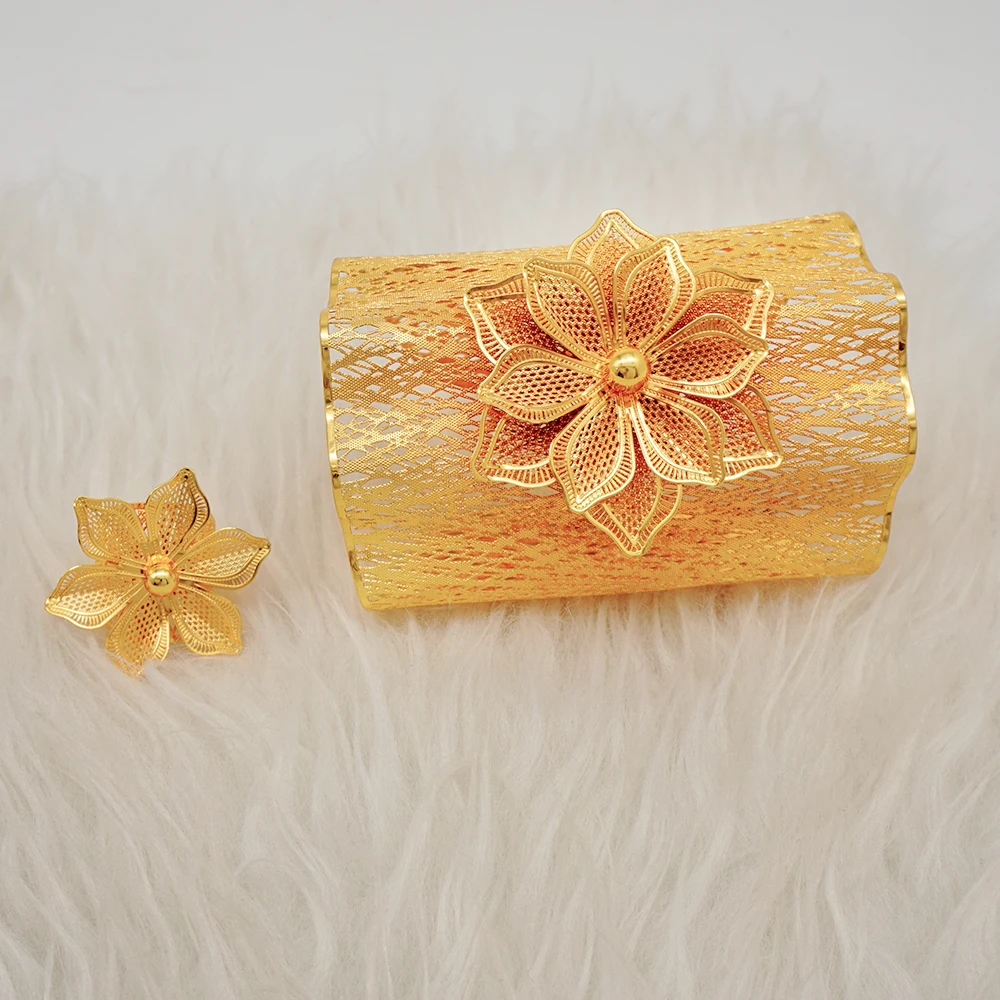 Luxury Indian Dubai Gold Color Big Bangles & Ring For Women African Arabic Charm Bracelet Jewelry Nigerian Wedding Gift Bijoux