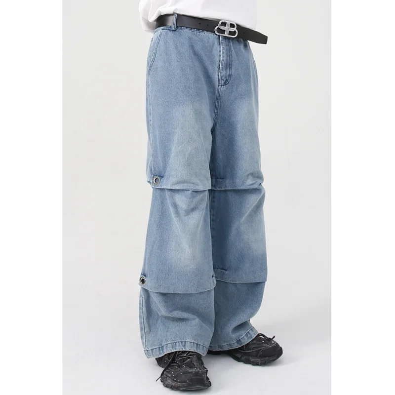 Men Clothing New Sense of Design Pattern Recreational Vintage Blue Jeans  Loose Street Straight Cylinder Trousers Autumn Female