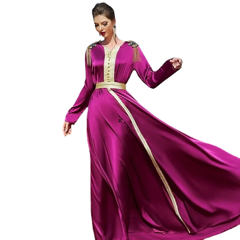 

Spring New Africa Clothing Muslim Rose Red Elegant Fashion Epaulette Long Dress Big Swing Dress Party Maxi Robe Female Vestidos