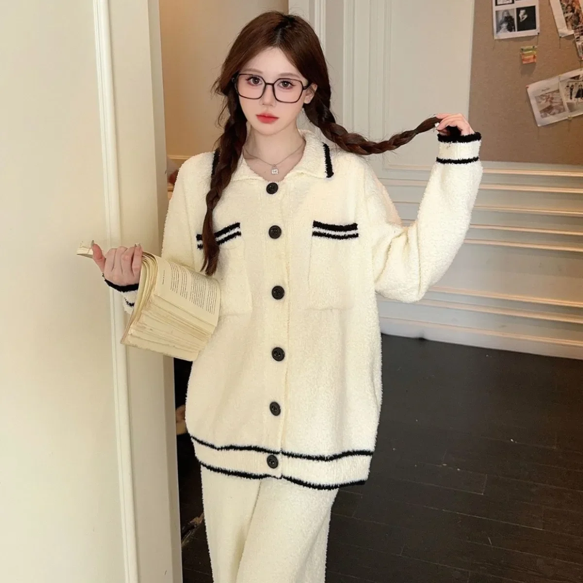 Утолщенные теплые женские пижамы с фланцем осень-зима удобная повседневная