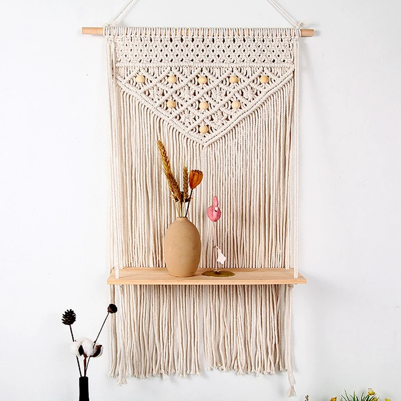

Boho Macrame Wall Hanging Shelf Handmade Woven Tassel Tapestry Rack Wood Organizer Wall Floating Hanger for Home Decor