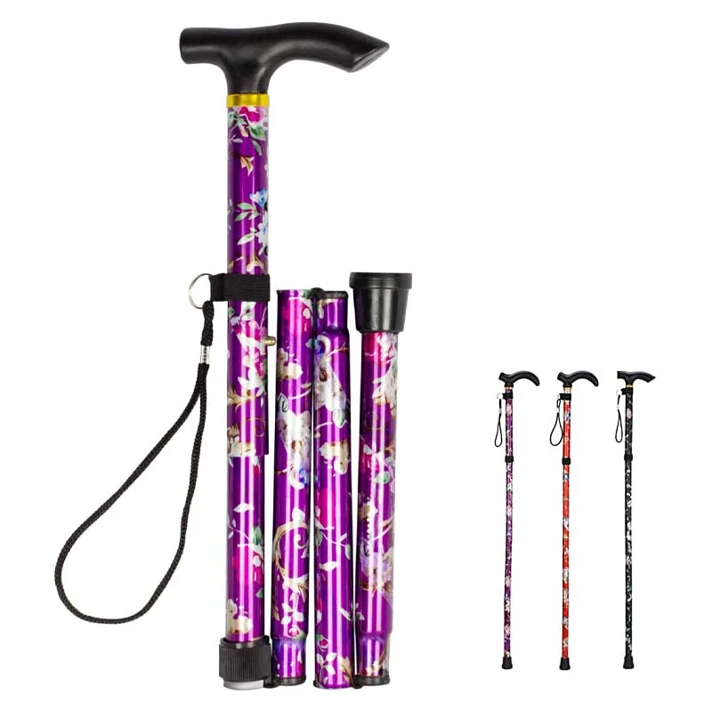 

Lightweight Foldable Walking Sticks For Elderly Women Men Telescopic 93cm Adjustable Folding Floral Metal Cane Climbing Hiking