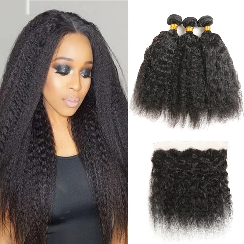 IJOY Brazilian Human Hair Bundles With Frontal Natural Color Kinky Straight Hair Weave With Closure 13x4 Non-Remy Hair Extension