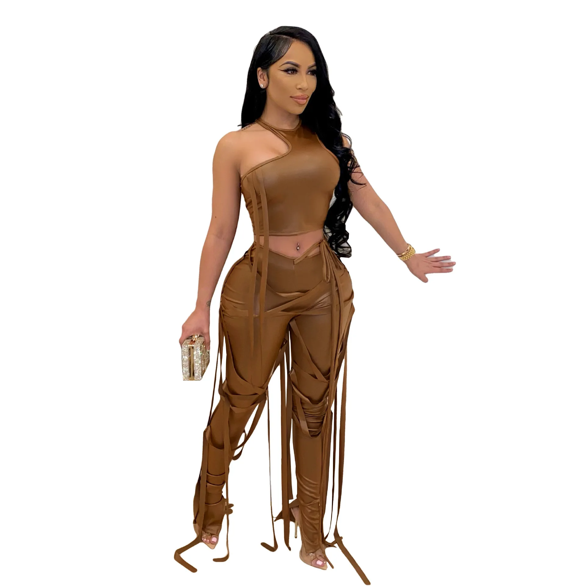 2024 PU Leather Bandage Two Piece Set Women Sexy One Shoulder Crop Top + Lace Up Slit Hem Pants Club Party 2 Outfits