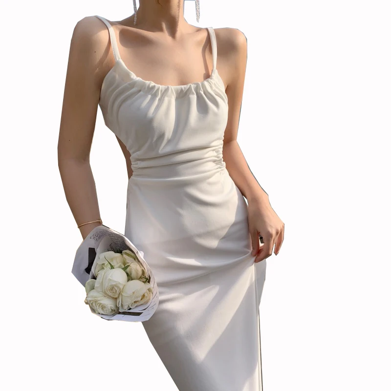 

Женское пикантное платье миди с открытой спиной, женское летнее облегающее пляжное платье на бретелях-спагетти с кулиской для отдыха, женск...