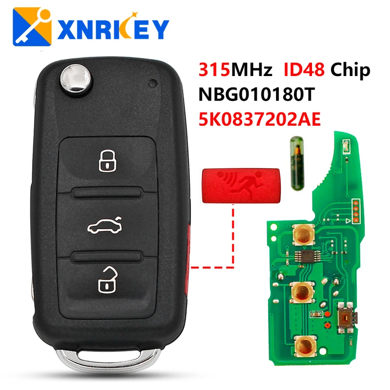 

XNRKEY 3+1B Remote Car Key ID48 Chip 315Mhz for VW Volkswagen Jetta Caddy EOS GTI Golf Passat Tiguan Touran Beetle 5K0837202AE