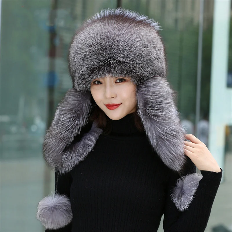 100% Real Fox Fur Hat Women's Russian Ushanka Aviator Trapper Snow Skiing Hat Caps Earflap Winter Raccoon Fur Bomber Hat