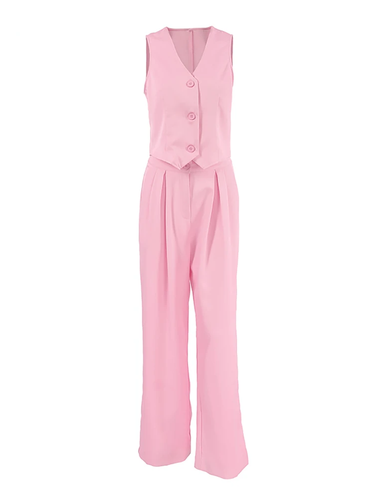 Женский офисный костюм-двойка розовый костюм из топа и плиссированных брюк с