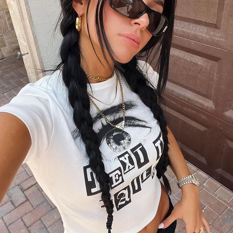 YOZOU 2022 Summer Cotton White Short Sleeve Graphic Y2K Baby Tee Tshirt for Girl Female Crop Top Grunge Clothes Rave Outfits |