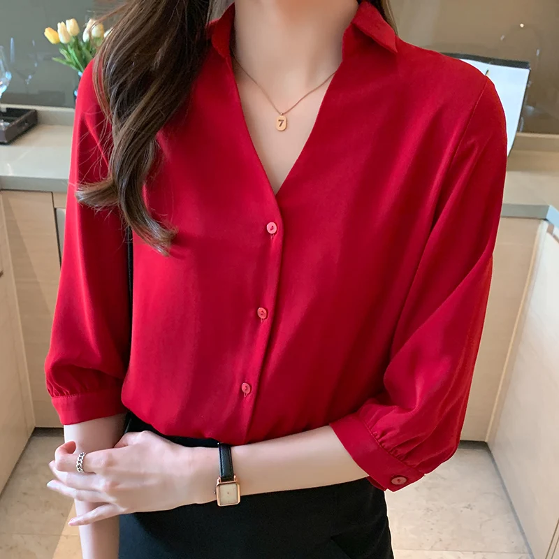 

Women's Shirt Vintage Red Button Blouses for Women Short Sleeve Shirts Female Top Polo Neck Solid Blouse Office Lady Basic Shirt