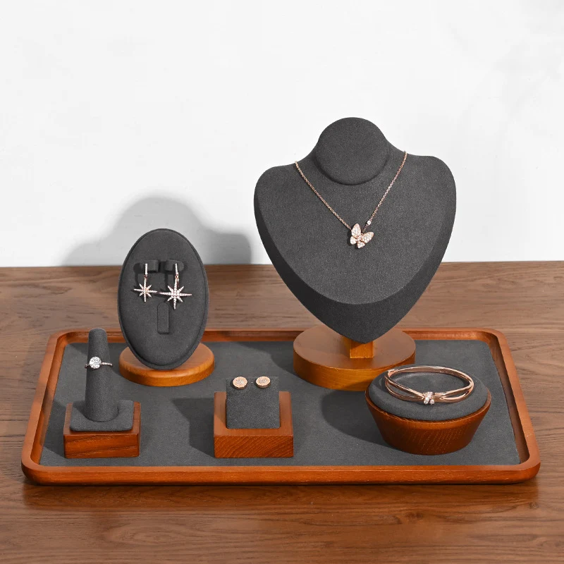 Wooden Jewelry Displays Stand Grey Microfiber Display Props Counter Ring Earrings Necklace Storage Showcase Holder