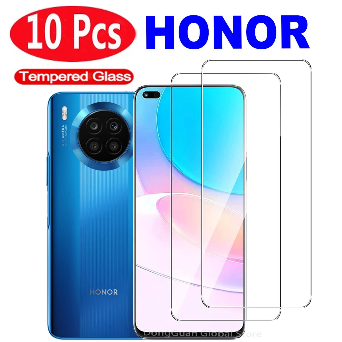 

10Pcs Tempered Glass For Huawei Honor 50Lite 70 90 Lite 20 Lite 8X 9X 9 Lite X8 X20 X30 i X40 50SE Screen Protector Glass Film