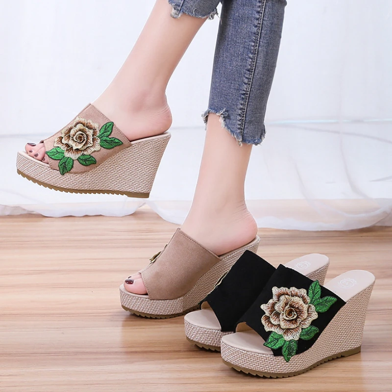

Wedge Platform Sandals Summer New Handmade Plus Size Women's Flowers Embroidered Slippers Fish Mouth Shoes Sandalias Mujer