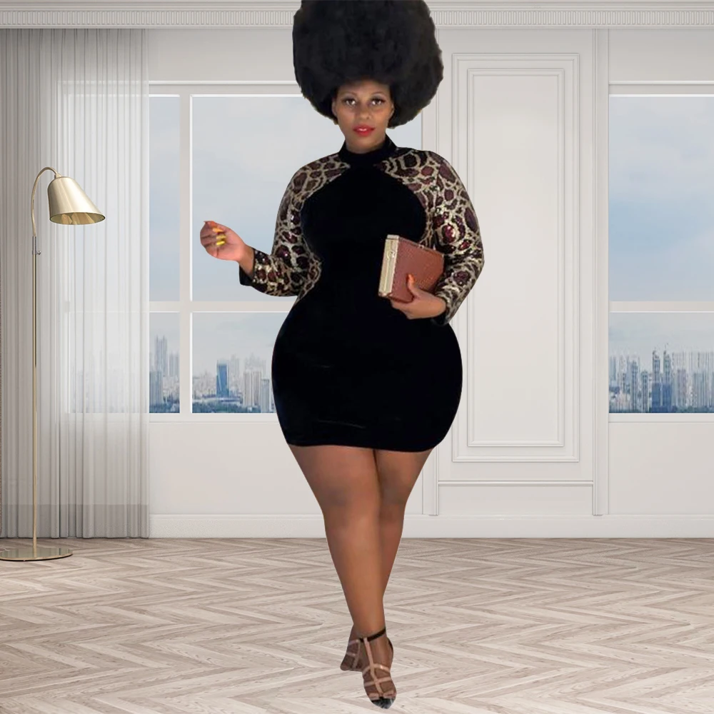 

Plus Size Women Clothing Date Party Sequin Velvet Slim Fit Dress Round Neck Long Sleeves Patchwork Winter Sexy Dresses Wholesale