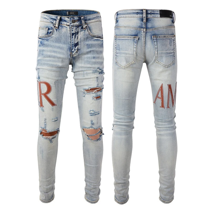 

Ripped Stretch AMR Denim Pants Hip Hop Jean Men Vintage Light Blue Leather Patchwork Letter Biker Jean Motorcycle Slim Skinny