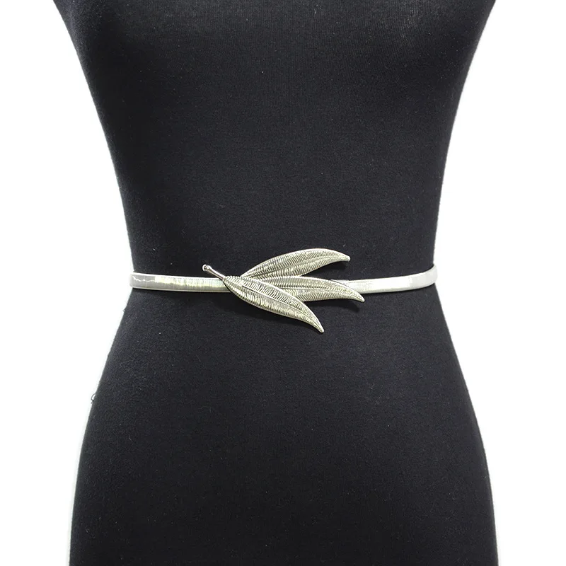 

Leaves Metal Buckle Belt for Women Ladies Elastic Waist Chain Belts Female Gold Silver Thin Belts Ceinture Femme Pasek Damski