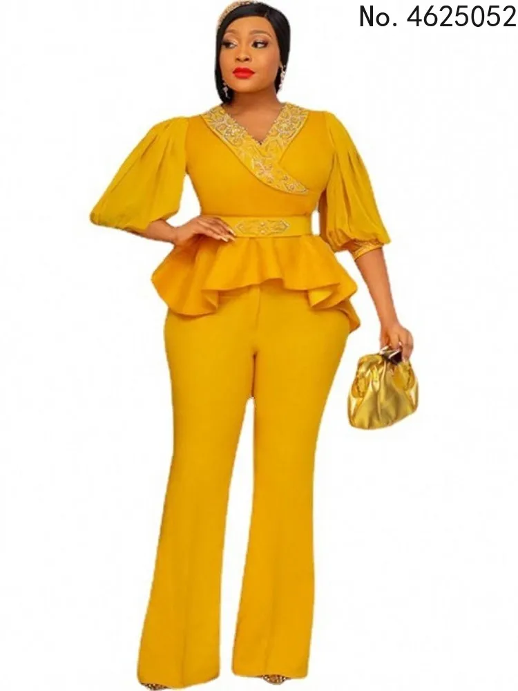 

S 5XLdashiki African Clothes Women's Two Piece Matching Set Solid Color Ruffle Top Fashion Trousers African Suit Spring 2022 New