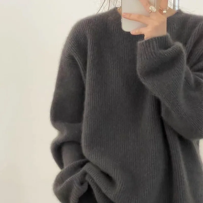 

2022 New Round Neck Cashmere Sweater Autumn Winter Female Thick Languid Lazy Wind Dark Gray Sweater Loose Knit Sweater