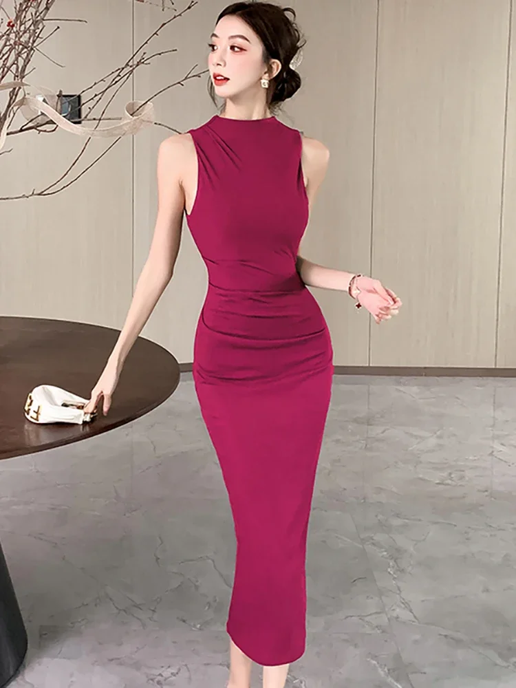 2024 однотонное элегантное длинное платье без рукавов с высоким воротником