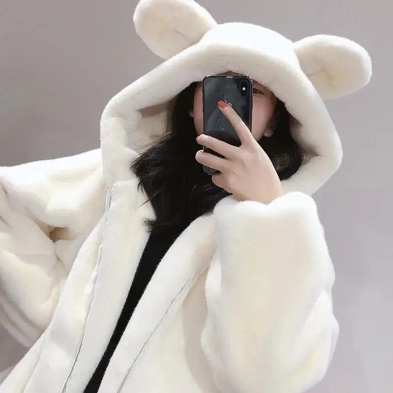 Faux Fur Women Coats Winter Hooded Solid Thicken Warm Rabbit Ears beer Fleece women winter Casual Zippe Female Outwear Top cute