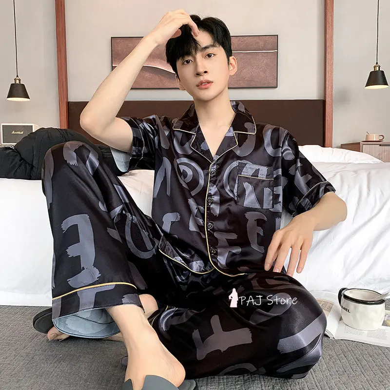 Men Sleepwear Silk Satin Pijama Set Pajama Sets Short Sleeve Sleep Home Clothes Man 2 Pieces Sets Home Suits Pyjamas L-5XL