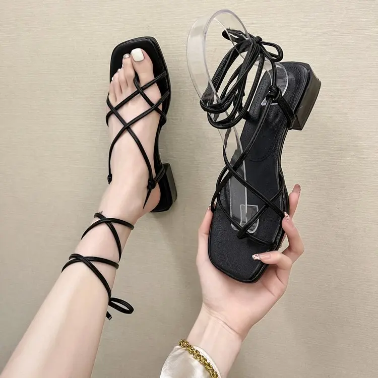 

Low Sandals Woman Leather Cross-Shoes Strappy Heels Low-heeled Cross-tied PU Fabric Slides Rubber Hoof Cross-Shoes Low Sandals
