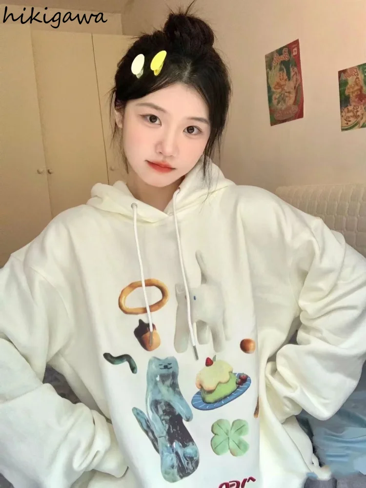 

2023 Ropa Mujer Hoodies for Women Cartoon Print Fashion Casual Pullovers Y2k Tops Hooded Korean Streetwear Oversized Sweatshirt